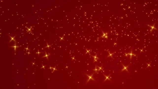 Elegant deep red textured background with shimmering golden stars and glitter particles, perfect for Christmas, Chinese New Year, and luxury events.
