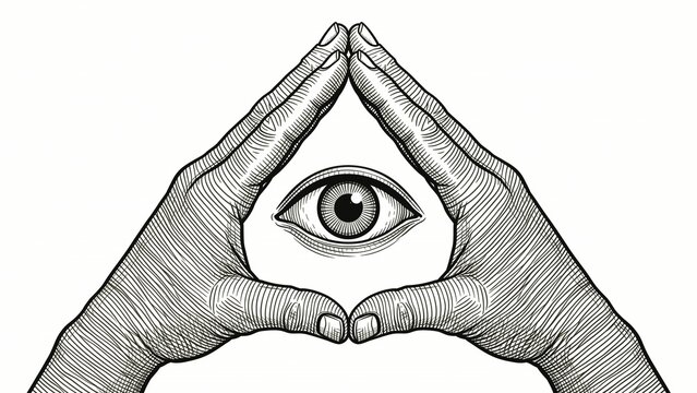 Two hands form a triangle with an eye in the middle in a mystical, geometric style, line art illustration, AI generated