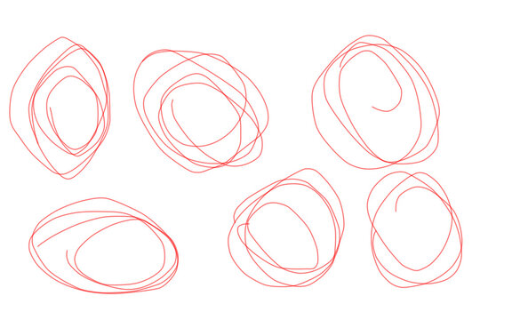 Set of handdrawn red scribble circles isolated on transparent background