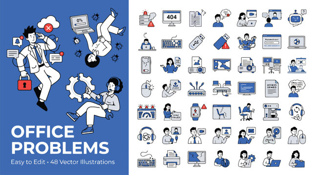 Office problems and technical issues icon set, 48 vector illustrations of business stress, computer errors and workplace frustration