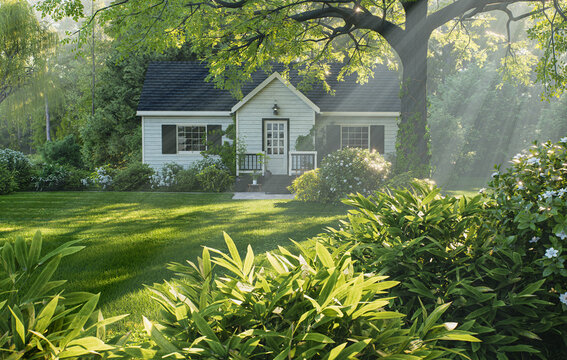 Cozy White House in Sunlit Garden with Green Lawn and Big Tree
