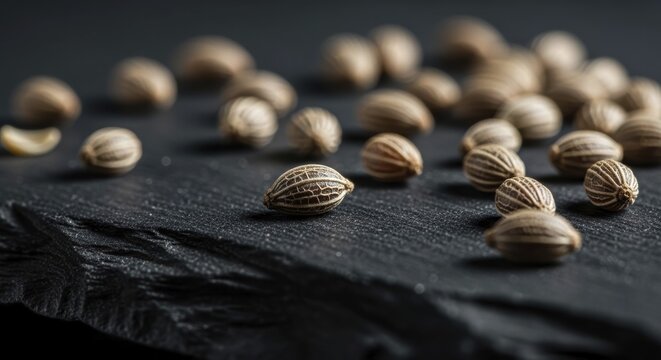 Macro shot showcasing the intricate texture and ribbed surface of carom seeds, commonly used in Indian cuisine for flavor and aroma, AI generated