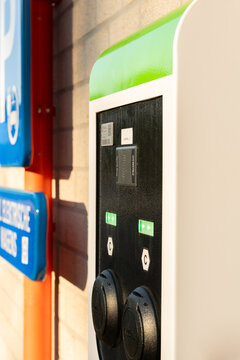 Hasselt, Belgium. Electric vehicle charging station with RFID reader and charging sockets at university campus