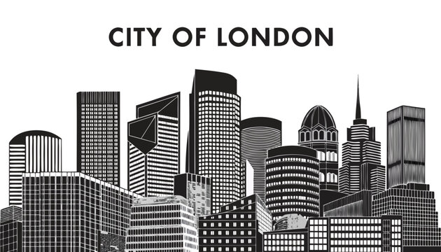 Very beautiful black and white realistic vector illustration of the City of London skyline featuring a bold label reading "CITY OF LONDON", modern skyscrapers, financial district, urban panorama, deta
