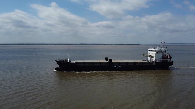Drone.  Shipping, dry cargo vessel, River Humber. 
