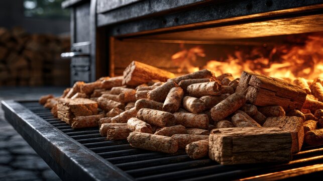 BBQ grill with hardwood pellets, glowing firelight, rustic outdoor cooking concept, suitable for culinary advertising.