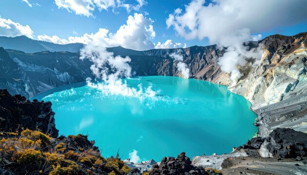 A vibrant turquoise lake fills a volcanic crater, steam rising under a partly cloudy sky