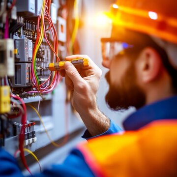Content An electrician (man with beard, helmet, safety glasses, blue uniform, orange vest) working on an electrical panelcontrol board using a yellow screwdriver. Composition Close-up