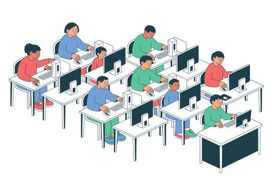 Group of students working on computers in a classroom, flat vector illustration
