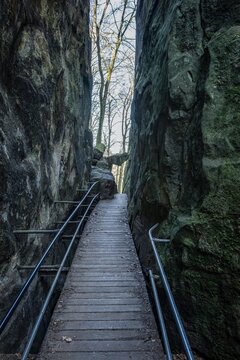 Photograph of a wooden access platform in the Teufelsschlucht (Devil's Gorge) within the Eifel nature reserve.