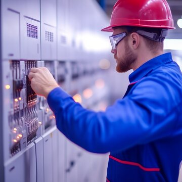 Image Content An electrical engineertechnician wearing a red hard hat, safety glasses and blue overalls. He is working on a large electrical control panelcircuit board with glowing