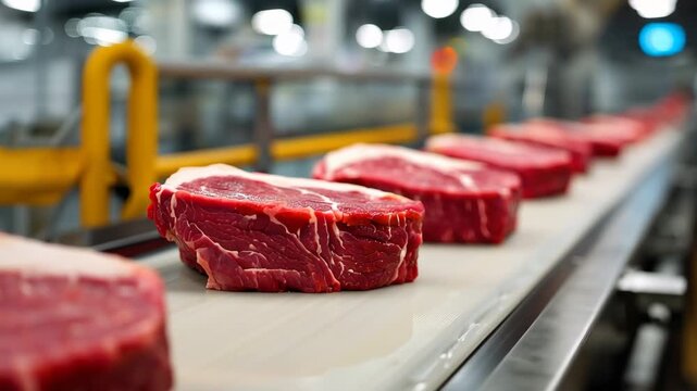 Closeup of raw beef steaks on a conveyor belt in a modern meat processing facility with blurred background