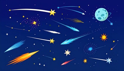 Naklejka premium Cartoon illustration featuring a night sky with shooting stars, explosions, and a planet