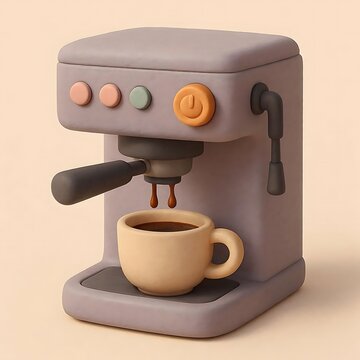 Cute 3d illustration of a modern espresso coffee machine dripping fresh brew into a mug