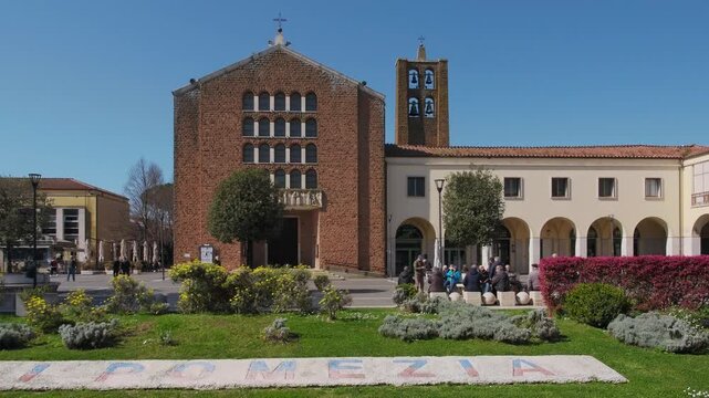 Chiesa di San Benedetto Abate, church of the '30s in a rationalist architectural style in Piazza Indipendenza of Pomezia, Italy	