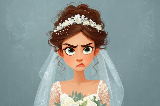 Annoyed bride with bouquet and veil