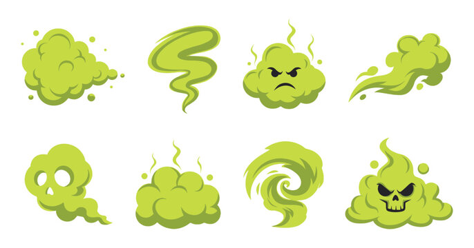Smelly Cloud Collection: A graphic collection of stylized green smoke clouds representing odors, some with cartoon faces showing anger and fear, others swirling or dissipating.