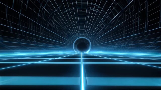 Futuristic digital tunnel with glowing blue grid lines and a vanishing point in a dark virtual space