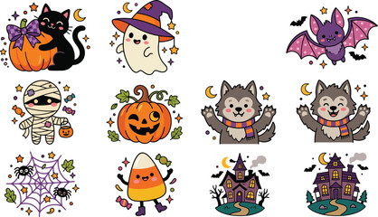 Fototapeta premium Set of cute kawaii halloween stickers featuring a black cat ghost bat mummy pumpkin werewolf candy corn and a haunted house