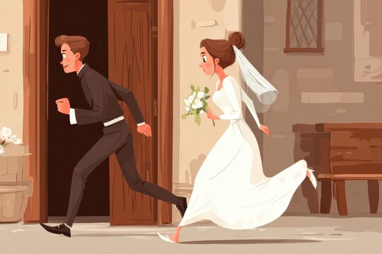 Groom running away from bride on wedding day