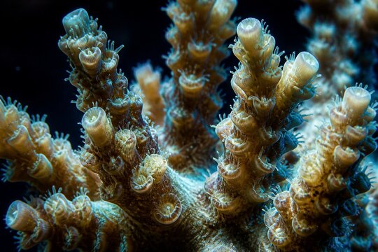 Stony coral polyps extending on branching coral underwater