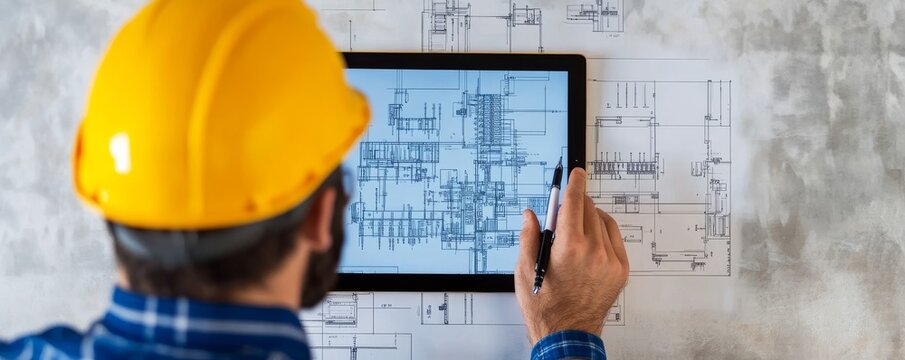 Subject A person (engineerarchitectconstruction worker) wearing a yellow hard hat. Composition Over-the-shoulder shot (POV or close-up from behind), focus on the hand holding a pen and