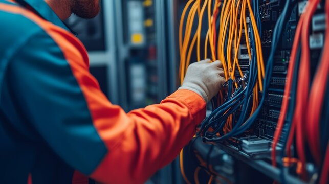 Subject A technician (man) working on a servernetwork rack. Details Composition Sideclose-up view, shallow depth of field (bokeh background), focus on the hand and the wires. Image