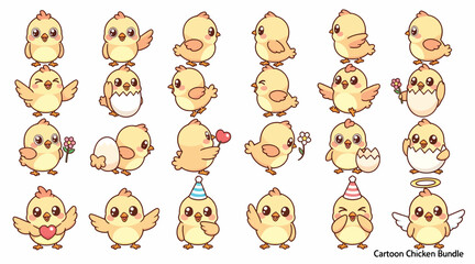 Fototapeta premium Cute Cartoon Chicken Illustrations - Set of 30 Chicks with Various Actions
