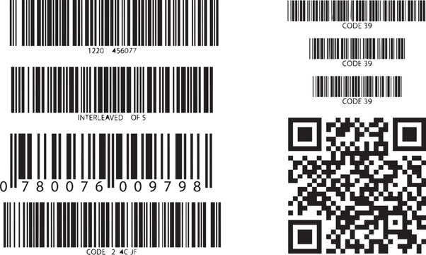 Collection of various black barcodes and a square QR code isolated on a white background for retail and product scanning