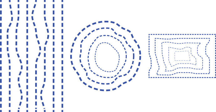 Blue dashed line geometric shapes set with abstract wavy vertical lines concentric circles and distorted rectangles on white background for vector design