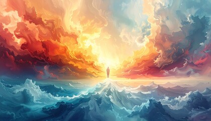 Fototapeta premium A lone figure walks towards a brilliant light in an ocean of sky and water