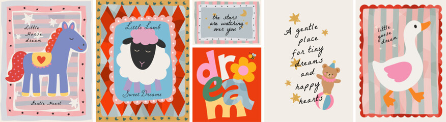 Fototapeta na wymiar Naive сute wall art baby poster for a nursery room. Vector illustrations of a lamb, horse, goose, circus bear, playful frame, a dream for a birthday greeting card, print, background and postcard