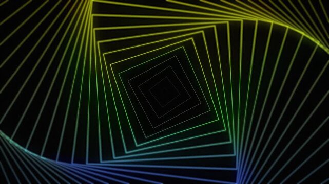 Abstract Neon Square Tunnel Loop &ndash; Futuristic Geometric Spiral Background with Gradient Light Lines 4K Vibrant geometric lines forming squares.