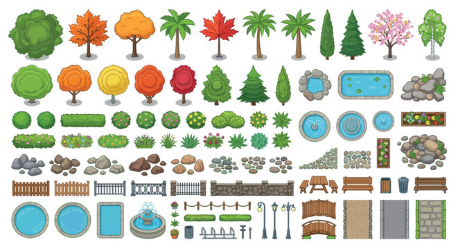Garden elements vector illustration with trees ponds and landscaping features