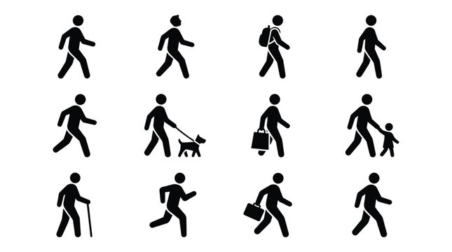 Walking People Silhouettes On White Background Pictogram Set