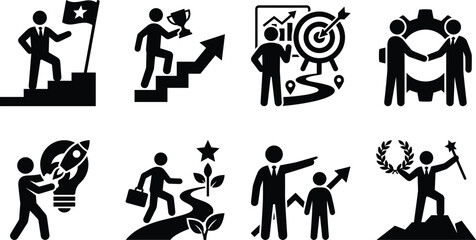 Obraz premium Business leadership and career success black glyph icon set representing corporate motivation growth and goal achievement