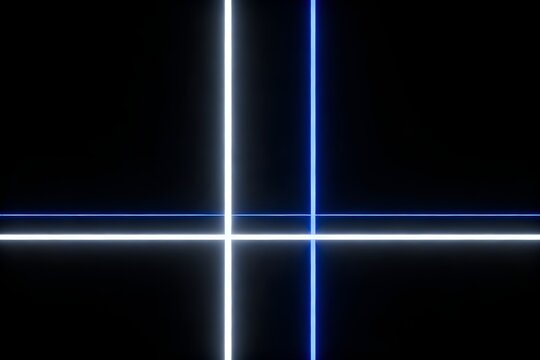 Abstract background with intersecting glowing white and blue neon light lines on black