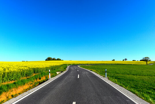 Landstra&szlig;e L3314 vorbei an bl&uuml;henden Rapsfeldern zwischen Wittgenborn und Spielberg in Hessen, Deutschland