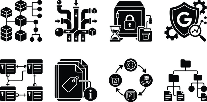 Data Governance and Information Architecture Solid Icon Set Representing Database Security Governance and File Management