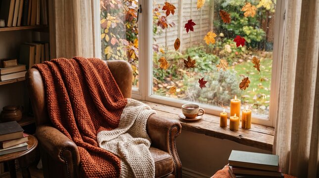 Cozy reading nook by window with autumn leaves and candles  