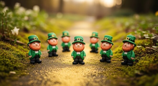 A Group of Adorable Leprechauns Gathered in a Lush Forest Setting.