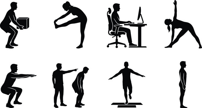 Ergonomics and Physical Therapy Silhouette Icon Set Representing Correct Posture Safe Lifting and Workplace Wellness