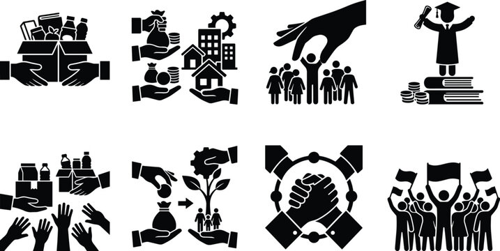 Social Responsibility and Humanitarian Aid Solid Icon Set Representing Philanthropy Community Support and Non Profit Projects
