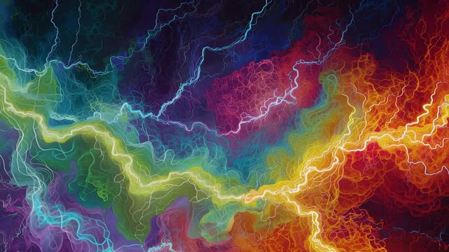 Vibrant electric storm with dynamic lightning bolts across a colorful swirling sky in abstract digital artwork