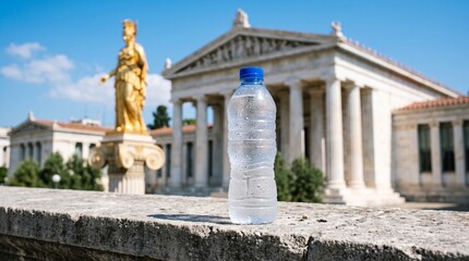 Naklejka premium A plastic water bottle sits on a stone wall in front of a historic building with a gold statue.
