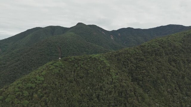 Lush green tropical forest covering mountain slopes under an overcast sky. Remote landscape showing a single communication tower. High Andean and cloud forest.