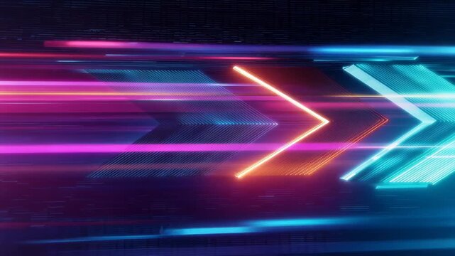 Vibrant neon arrows in motion against a dark digital background with glowing pink and blue hues