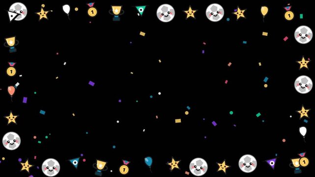 Festive frame with soccer balls, golden trophies, and colorful confetti