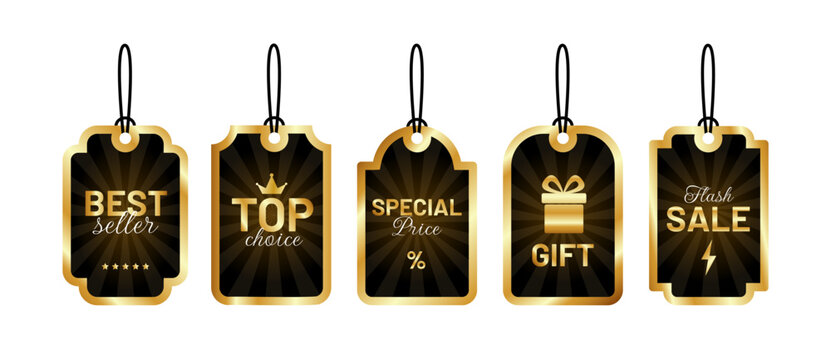 Luxury black and gold sale tags collection with premium labels for best seller, top choice, special price, gift and flash sale. Elegant vector price tags for retail, ecommerce and marketing.