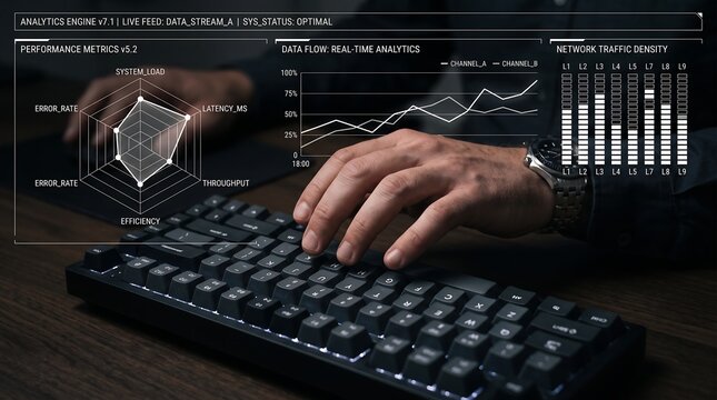Man working on computer with analytics engine data on screen  business technology concept